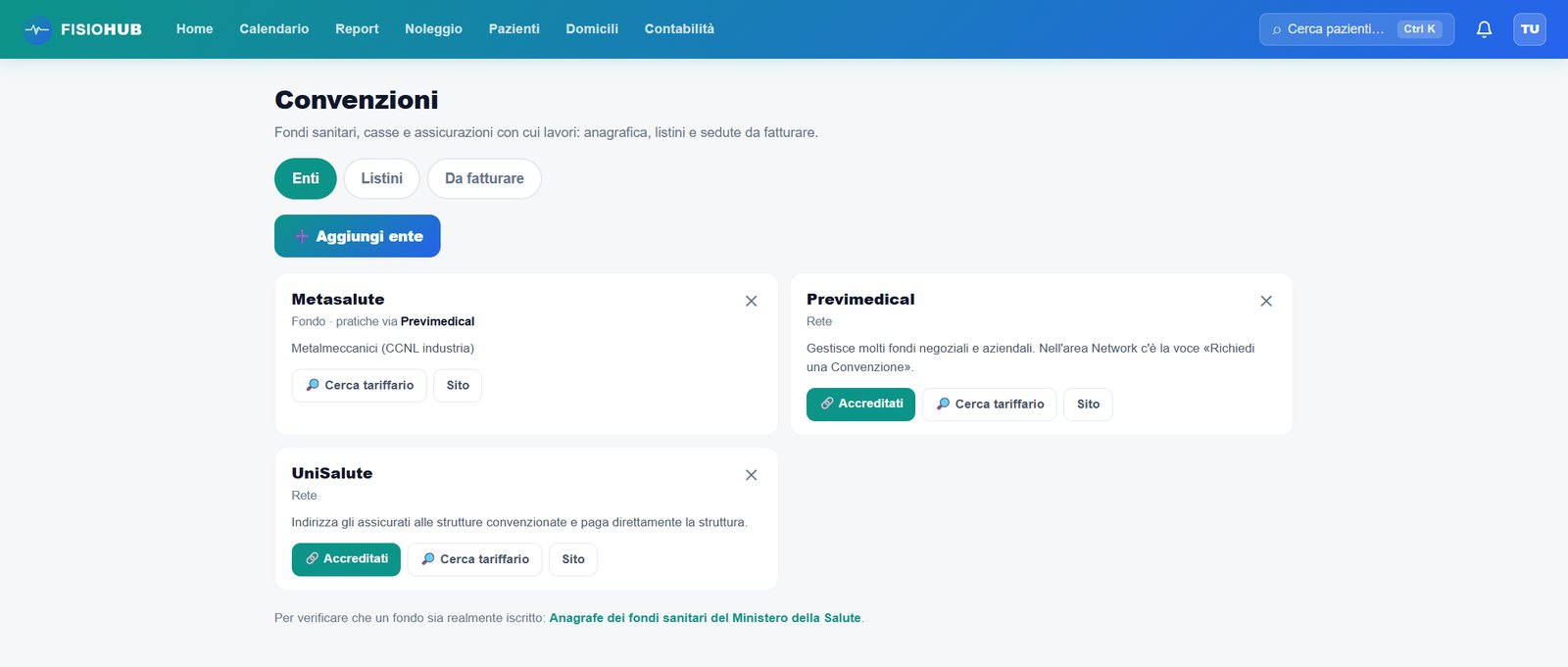 Convenzioni di FisioHub: enti, listini e sedute da fatturare