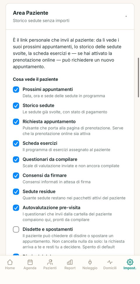 Impostazioni area paziente di FisioHub