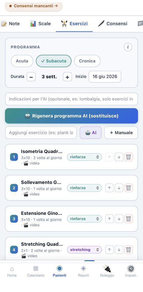 Programma esercizi domiciliari generato dall'AI in FisioHub