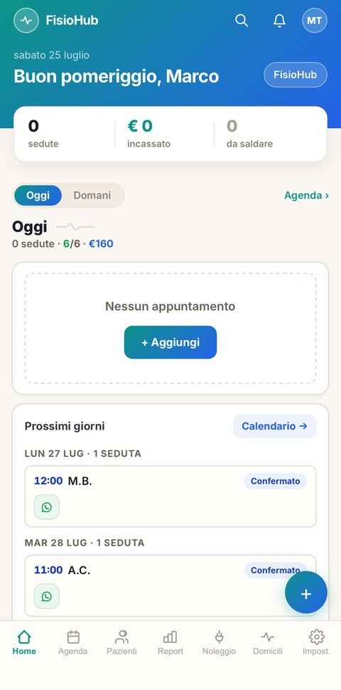 Home di FisioHub mobile con sedute e incassi del giorno
