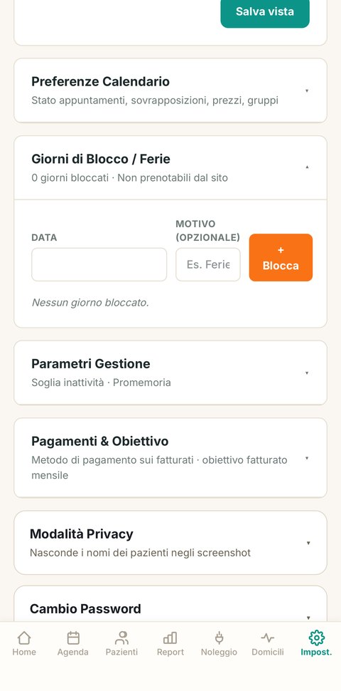 Modalità privacy e parametri di gestione nelle impostazioni di FisioHub