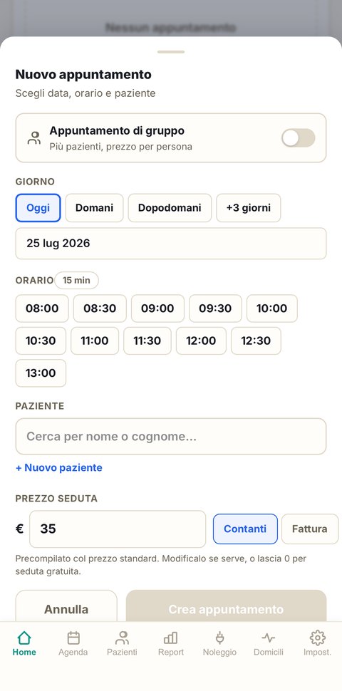 Creazione di un nuovo appuntamento su FisioHub mobile