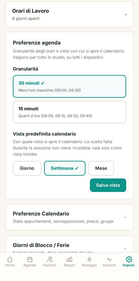 Preferenze agenda nelle impostazioni di FisioHub