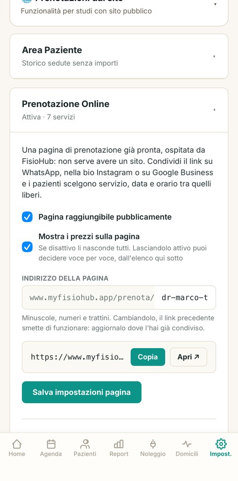 Impostazioni della prenotazione online di FisioHub