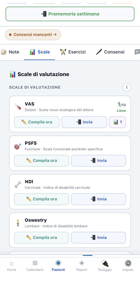 Scale di valutazione validate in FisioHub: VAS, PSFS, NDI, Oswestry
