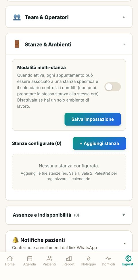 Impostazione stanze e modalità multi-stanza su FisioHub mobile
