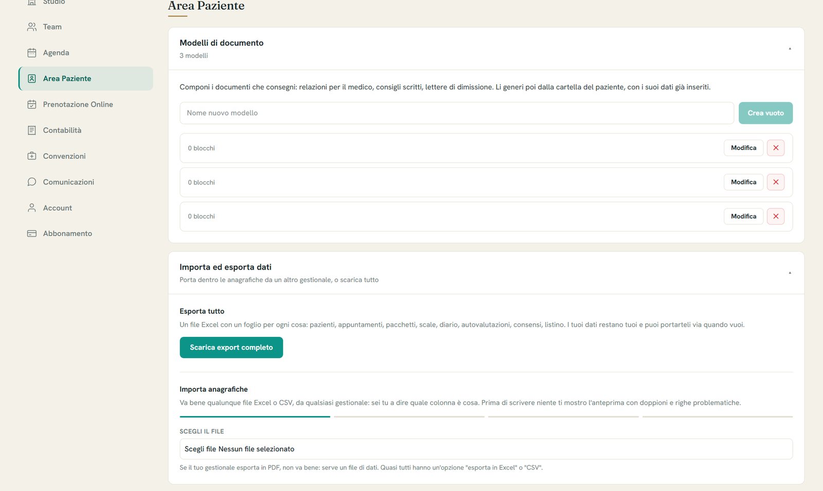 Modelli di importazione dati in FisioHub